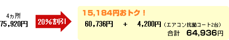 通常4ヵ所合計75,920円 が20%割引で64,936円に！セットで15,184円おトクに！