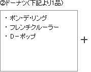 (2)ドーナツ（下記より1品）
●ポン・デ・リング
●フレンチクルーラー
●D－ポップ