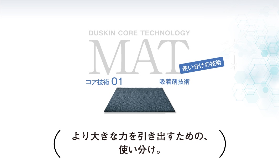 DUSKIN CORE TECHNOLOGY MAT コア技術01 吸着剤技術 使い分けの技術 より大きな力を引き出すための、使い分け。