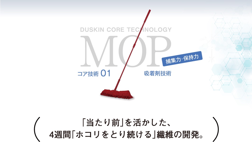 DUSKIN CORE TECHNOLOGY MOP コア技術01 吸着剤技術 捕集力・保持力 「当たり前」を活かした、4週間「ぬれ続ける」繊維の開発。