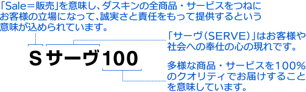 「Sale＝販売」を意味し、ダスキンの全商品・サービスをつねにお客様の立場になって、誠実さと責任をもって提供するという意味が込められています。　「サーヴ（SERVE）」はお客様や社会への奉仕の心の現れです。　多様な商品・サービスを100％のクオリティでお届けすることを意味しています。