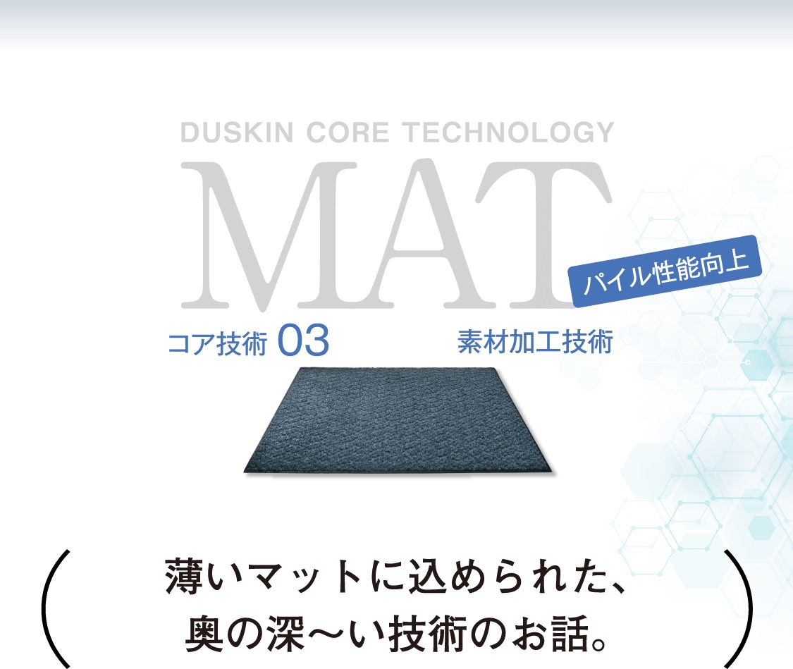 DUSKIN CORE TECHNOLOGY MAT コア技術03 素材加工技術 パイル性能向上 薄いマットに込められた、奥の深～い技術のお話。