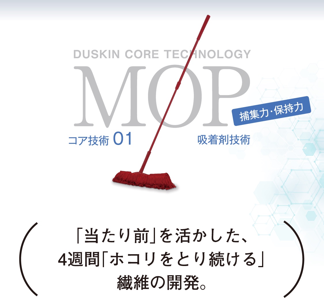 DUSKIN CORE TECHNOLOGY MOP コア技術01 吸着剤技術 捕集力・保持力 「当たり前」を活かした、4週間「ぬれ続ける」繊維の開発。