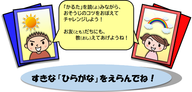 「かるた」をよみながら、おそうじのコツをおぼえてチャレンジしてみよう！お友だちにも、教えてあげよう！